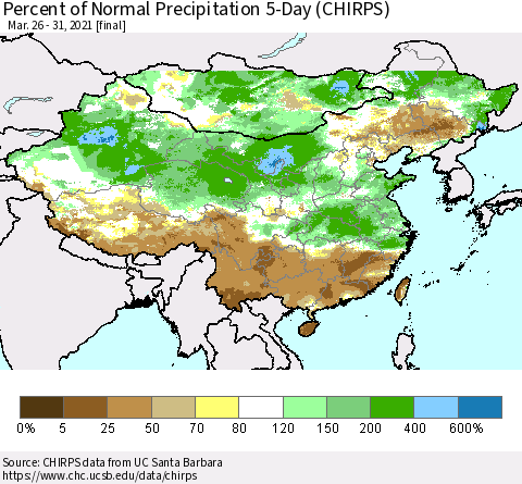 China, Mongolia and Taiwan Percent of Normal Precipitation 5-Day (CHIRPS) Thematic Map For 3/26/2021 - 3/31/2021