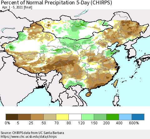 China, Mongolia and Taiwan Percent of Normal Precipitation 5-Day (CHIRPS) Thematic Map For 4/1/2021 - 4/5/2021