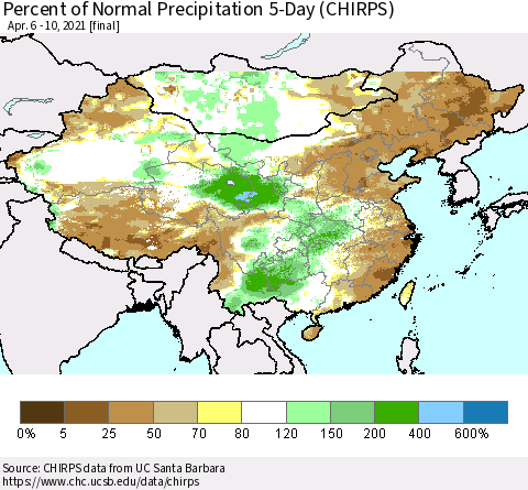 China, Mongolia and Taiwan Percent of Normal Precipitation 5-Day (CHIRPS) Thematic Map For 4/6/2021 - 4/10/2021