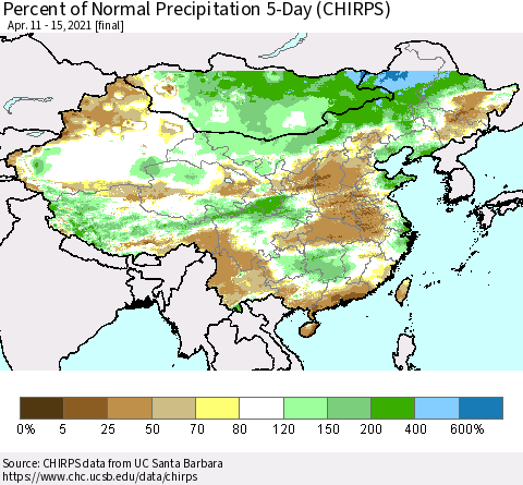 China, Mongolia and Taiwan Percent of Normal Precipitation 5-Day (CHIRPS) Thematic Map For 4/11/2021 - 4/15/2021