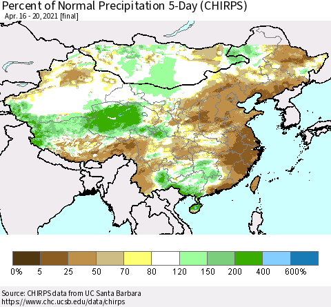 China, Mongolia and Taiwan Percent of Normal Precipitation 5-Day (CHIRPS) Thematic Map For 4/16/2021 - 4/20/2021