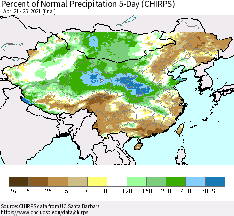China, Mongolia and Taiwan Percent of Normal Precipitation 5-Day (CHIRPS) Thematic Map For 4/21/2021 - 4/25/2021