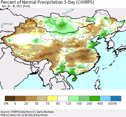 China, Mongolia and Taiwan Percent of Normal Precipitation 5-Day (CHIRPS) Thematic Map For 4/26/2021 - 4/30/2021