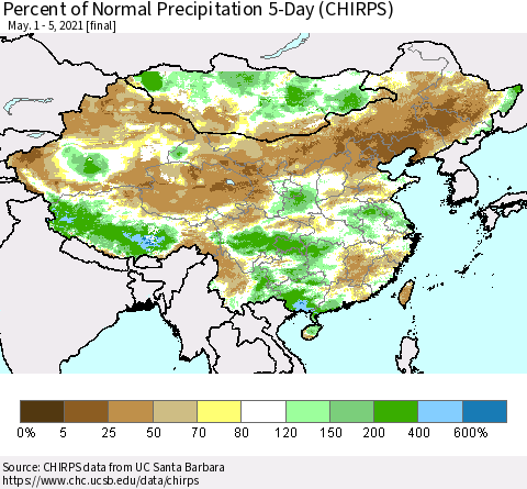 China, Mongolia and Taiwan Percent of Normal Precipitation 5-Day (CHIRPS) Thematic Map For 5/1/2021 - 5/5/2021
