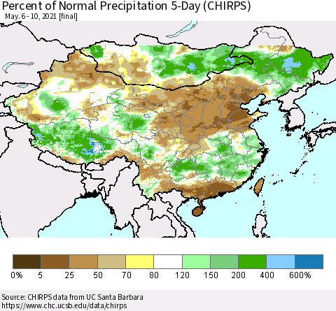 China, Mongolia and Taiwan Percent of Normal Precipitation 5-Day (CHIRPS) Thematic Map For 5/6/2021 - 5/10/2021