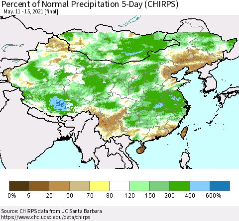China, Mongolia and Taiwan Percent of Normal Precipitation 5-Day (CHIRPS) Thematic Map For 5/11/2021 - 5/15/2021