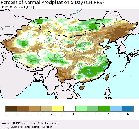 China, Mongolia and Taiwan Percent of Normal Precipitation 5-Day (CHIRPS) Thematic Map For 5/16/2021 - 5/20/2021