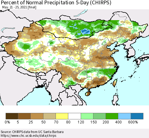China, Mongolia and Taiwan Percent of Normal Precipitation 5-Day (CHIRPS) Thematic Map For 5/21/2021 - 5/25/2021