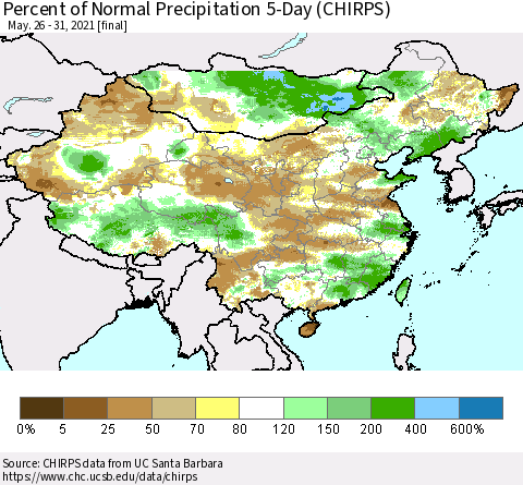 China, Mongolia and Taiwan Percent of Normal Precipitation 5-Day (CHIRPS) Thematic Map For 5/26/2021 - 5/31/2021