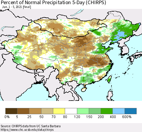 China, Mongolia and Taiwan Percent of Normal Precipitation 5-Day (CHIRPS) Thematic Map For 6/1/2021 - 6/5/2021