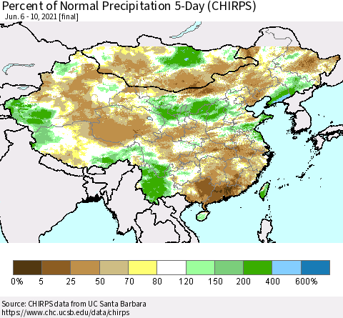 China, Mongolia and Taiwan Percent of Normal Precipitation 5-Day (CHIRPS) Thematic Map For 6/6/2021 - 6/10/2021