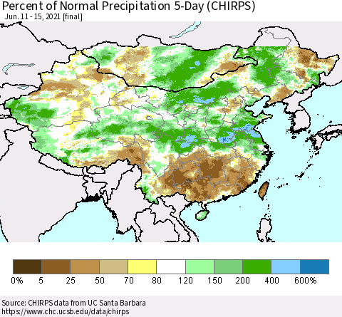 China, Mongolia and Taiwan Percent of Normal Precipitation 5-Day (CHIRPS) Thematic Map For 6/11/2021 - 6/15/2021