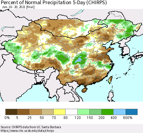 China, Mongolia and Taiwan Percent of Normal Precipitation 5-Day (CHIRPS) Thematic Map For 6/16/2021 - 6/20/2021