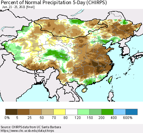 China, Mongolia and Taiwan Percent of Normal Precipitation 5-Day (CHIRPS) Thematic Map For 6/21/2021 - 6/25/2021