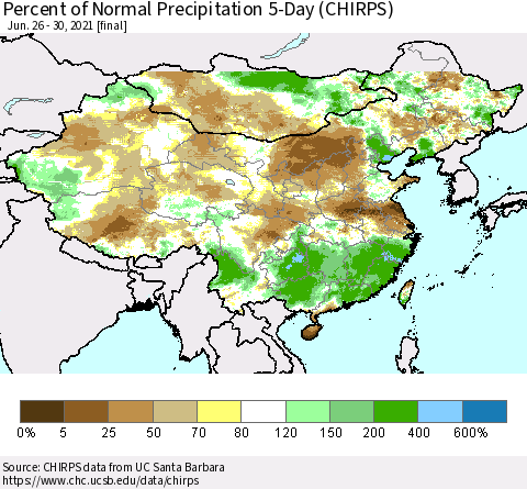 China, Mongolia and Taiwan Percent of Normal Precipitation 5-Day (CHIRPS) Thematic Map For 6/26/2021 - 6/30/2021