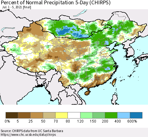 China, Mongolia and Taiwan Percent of Normal Precipitation 5-Day (CHIRPS) Thematic Map For 7/1/2021 - 7/5/2021