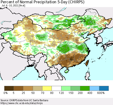 China, Mongolia and Taiwan Percent of Normal Precipitation 5-Day (CHIRPS) Thematic Map For 7/6/2021 - 7/10/2021