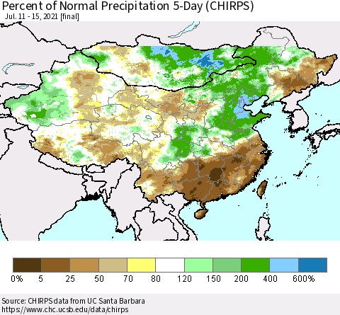 China, Mongolia and Taiwan Percent of Normal Precipitation 5-Day (CHIRPS) Thematic Map For 7/11/2021 - 7/15/2021
