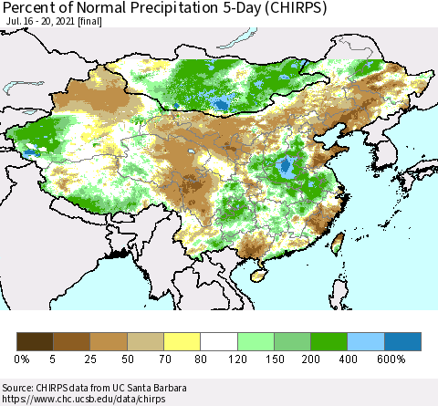 China, Mongolia and Taiwan Percent of Normal Precipitation 5-Day (CHIRPS) Thematic Map For 7/16/2021 - 7/20/2021