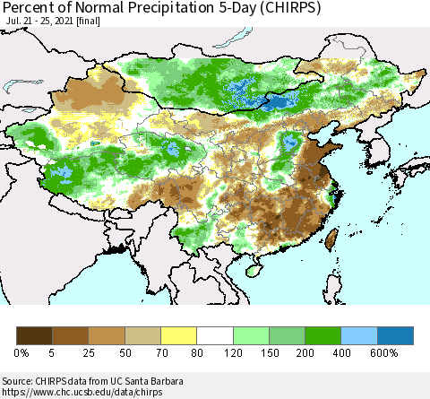 China, Mongolia and Taiwan Percent of Normal Precipitation 5-Day (CHIRPS) Thematic Map For 7/21/2021 - 7/25/2021