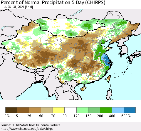 China, Mongolia and Taiwan Percent of Normal Precipitation 5-Day (CHIRPS) Thematic Map For 7/26/2021 - 7/31/2021