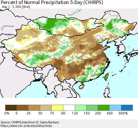 China, Mongolia and Taiwan Percent of Normal Precipitation 5-Day (CHIRPS) Thematic Map For 8/1/2021 - 8/5/2021
