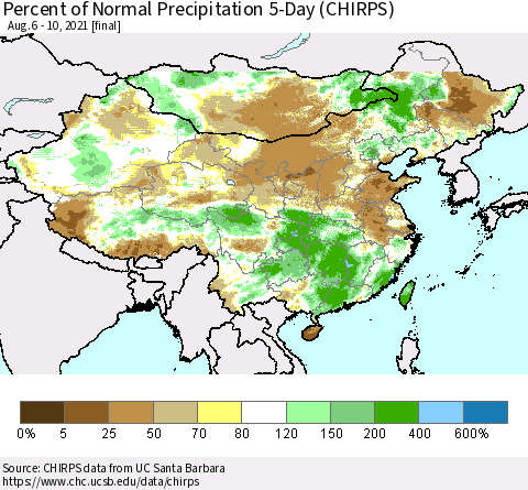 China, Mongolia and Taiwan Percent of Normal Precipitation 5-Day (CHIRPS) Thematic Map For 8/6/2021 - 8/10/2021