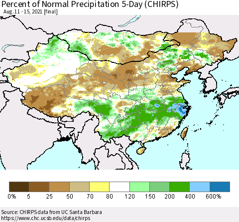 China, Mongolia and Taiwan Percent of Normal Precipitation 5-Day (CHIRPS) Thematic Map For 8/11/2021 - 8/15/2021
