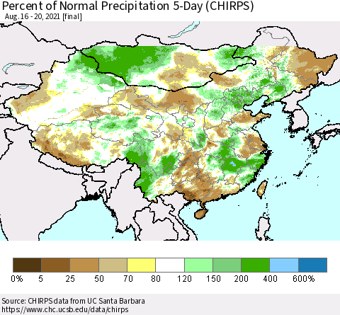 China, Mongolia and Taiwan Percent of Normal Precipitation 5-Day (CHIRPS) Thematic Map For 8/16/2021 - 8/20/2021