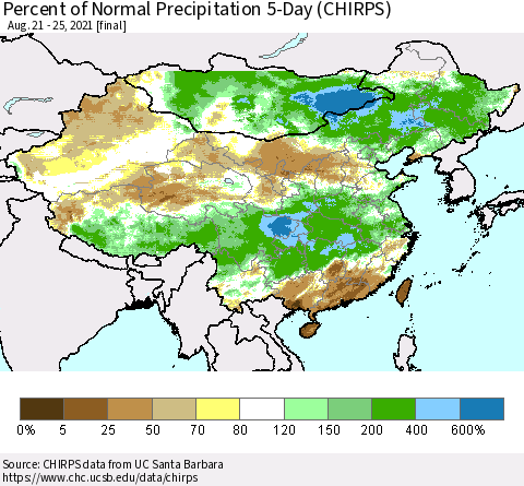 China, Mongolia and Taiwan Percent of Normal Precipitation 5-Day (CHIRPS) Thematic Map For 8/21/2021 - 8/25/2021