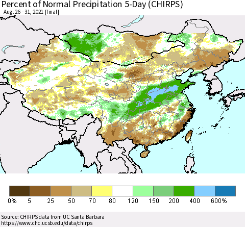 China, Mongolia and Taiwan Percent of Normal Precipitation 5-Day (CHIRPS) Thematic Map For 8/26/2021 - 8/31/2021