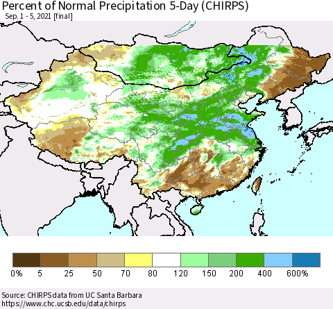 China, Mongolia and Taiwan Percent of Normal Precipitation 5-Day (CHIRPS) Thematic Map For 9/1/2021 - 9/5/2021