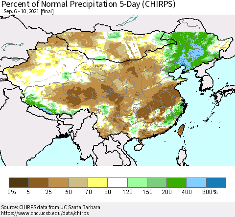 China, Mongolia and Taiwan Percent of Normal Precipitation 5-Day (CHIRPS) Thematic Map For 9/6/2021 - 9/10/2021