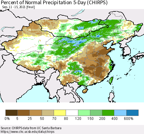 China, Mongolia and Taiwan Percent of Normal Precipitation 5-Day (CHIRPS) Thematic Map For 9/11/2021 - 9/15/2021