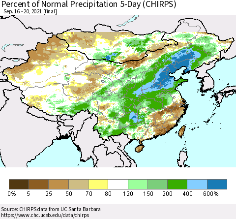 China, Mongolia and Taiwan Percent of Normal Precipitation 5-Day (CHIRPS) Thematic Map For 9/16/2021 - 9/20/2021
