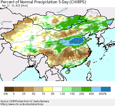 China, Mongolia and Taiwan Percent of Normal Precipitation 5-Day (CHIRPS) Thematic Map For 9/21/2021 - 9/25/2021