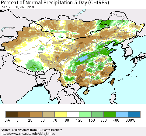 China, Mongolia and Taiwan Percent of Normal Precipitation 5-Day (CHIRPS) Thematic Map For 9/26/2021 - 9/30/2021