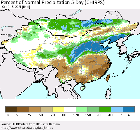 China, Mongolia and Taiwan Percent of Normal Precipitation 5-Day (CHIRPS) Thematic Map For 10/1/2021 - 10/5/2021