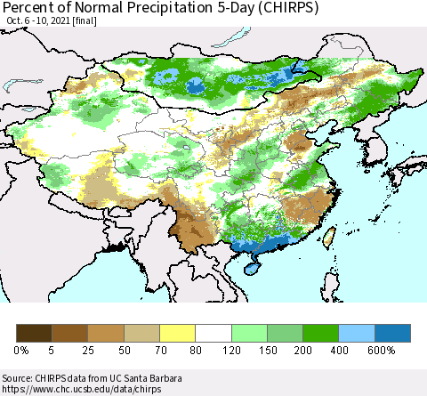 China, Mongolia and Taiwan Percent of Normal Precipitation 5-Day (CHIRPS) Thematic Map For 10/6/2021 - 10/10/2021