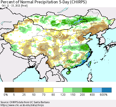 China, Mongolia and Taiwan Percent of Normal Precipitation 5-Day (CHIRPS) Thematic Map For 10/11/2021 - 10/15/2021