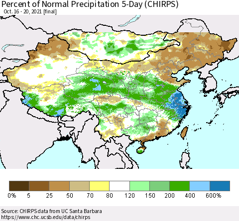 China, Mongolia and Taiwan Percent of Normal Precipitation 5-Day (CHIRPS) Thematic Map For 10/16/2021 - 10/20/2021