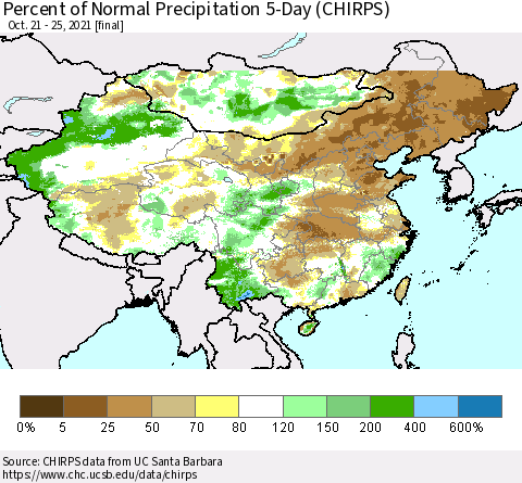 China, Mongolia and Taiwan Percent of Normal Precipitation 5-Day (CHIRPS) Thematic Map For 10/21/2021 - 10/25/2021