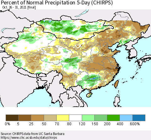 China, Mongolia and Taiwan Percent of Normal Precipitation 5-Day (CHIRPS) Thematic Map For 10/26/2021 - 10/31/2021