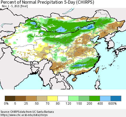 China, Mongolia and Taiwan Percent of Normal Precipitation 5-Day (CHIRPS) Thematic Map For 11/1/2021 - 11/5/2021