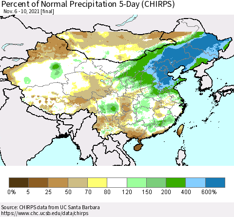 China, Mongolia and Taiwan Percent of Normal Precipitation 5-Day (CHIRPS) Thematic Map For 11/6/2021 - 11/10/2021