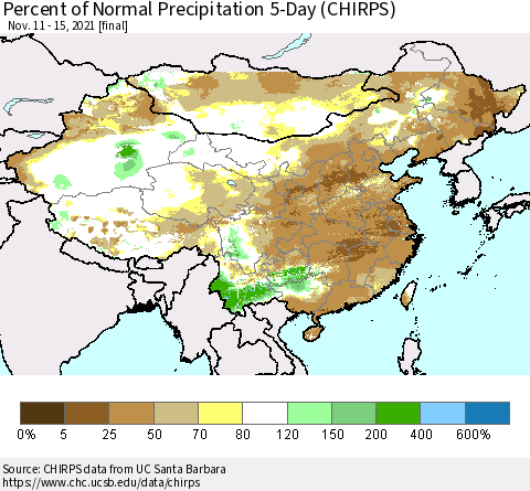 China, Mongolia and Taiwan Percent of Normal Precipitation 5-Day (CHIRPS) Thematic Map For 11/11/2021 - 11/15/2021