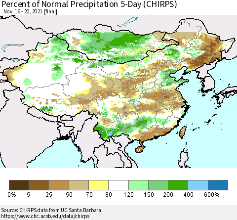 China, Mongolia and Taiwan Percent of Normal Precipitation 5-Day (CHIRPS) Thematic Map For 11/16/2021 - 11/20/2021