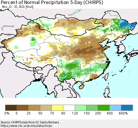 China, Mongolia and Taiwan Percent of Normal Precipitation 5-Day (CHIRPS) Thematic Map For 11/21/2021 - 11/25/2021