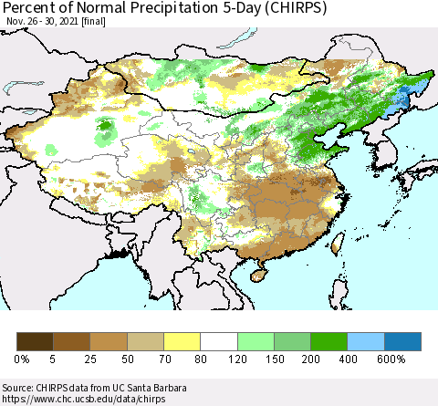 China, Mongolia and Taiwan Percent of Normal Precipitation 5-Day (CHIRPS) Thematic Map For 11/26/2021 - 11/30/2021