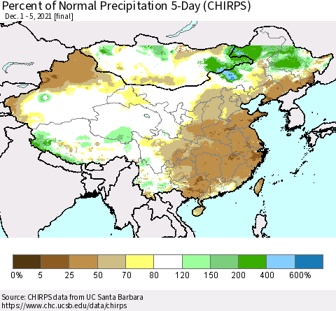 China, Mongolia and Taiwan Percent of Normal Precipitation 5-Day (CHIRPS) Thematic Map For 12/1/2021 - 12/5/2021